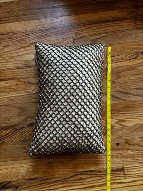 Decorative Beige Pillow with Gold Metallic beaded Net Accent